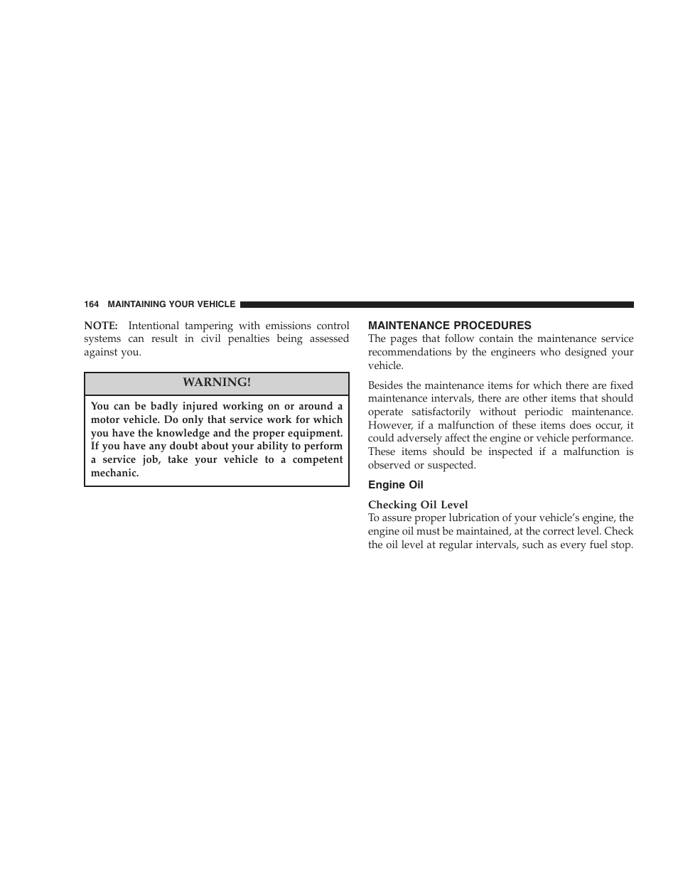 Maintenance procedures, Engine oil | Dodge 2005 Viper User Manual | Page 164 / 264