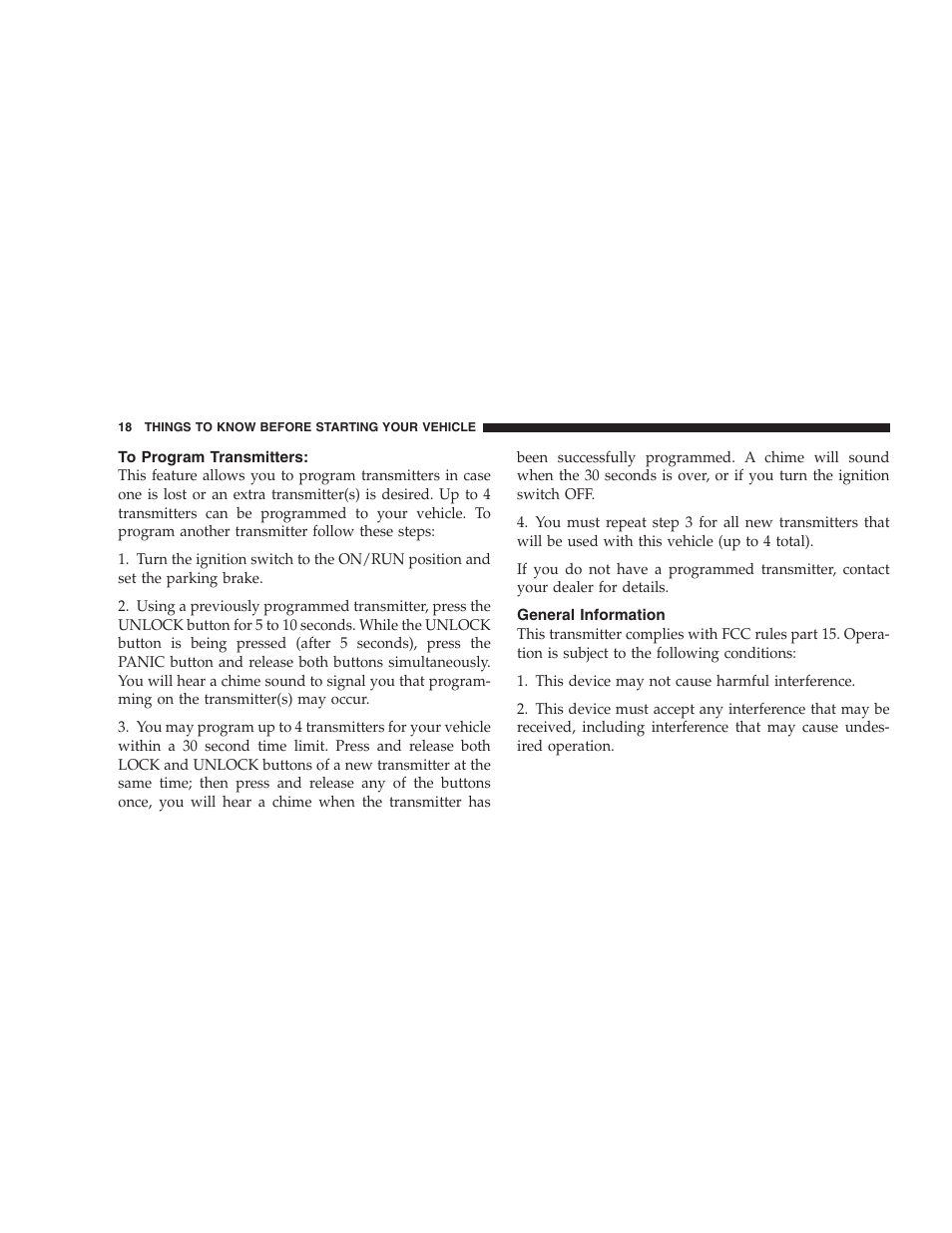 To program transmitters, General information | Dodge 2005 Viper User Manual | Page 18 / 264