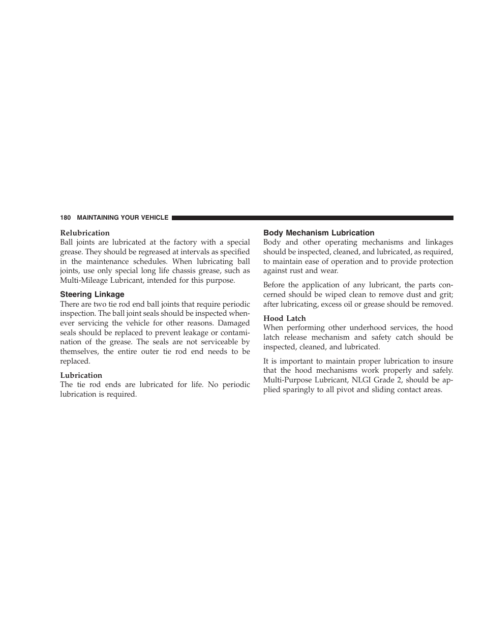 Steering linkage, Body mechanism lubrication | Dodge 2005 Viper User Manual | Page 180 / 264