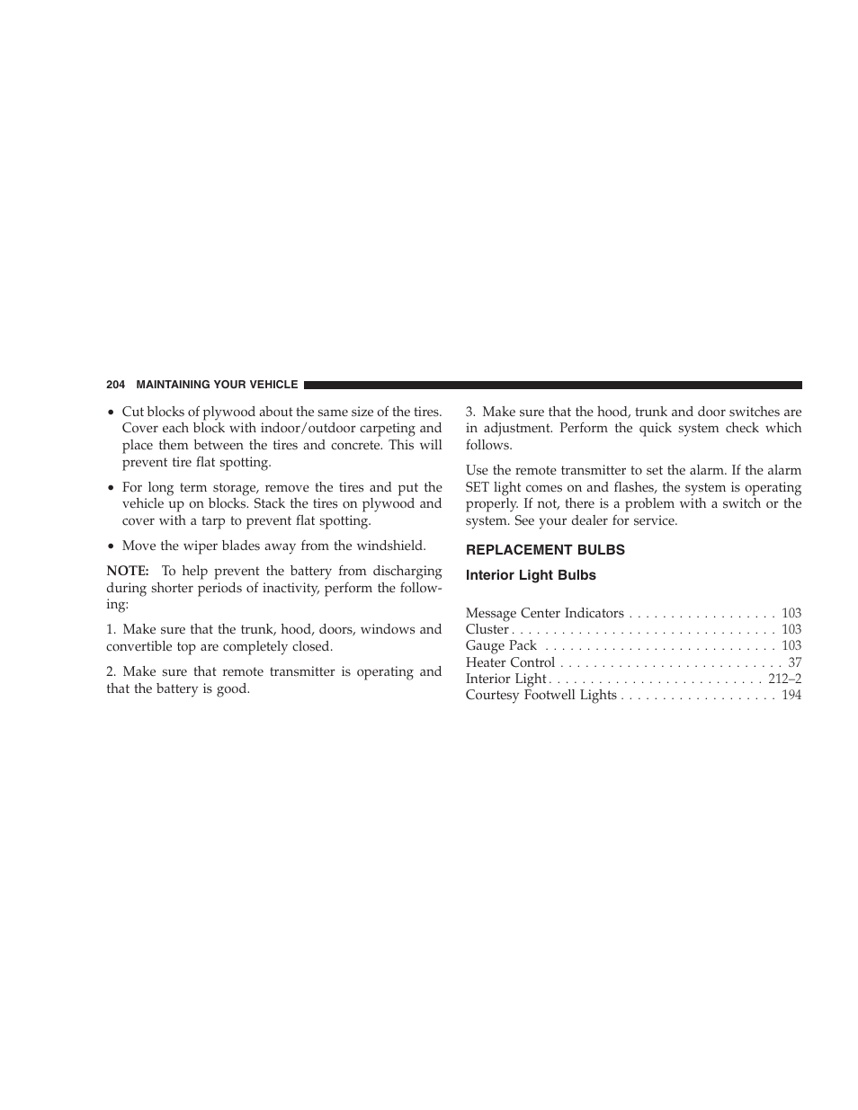 Replacement bulbs, Interior light bulbs | Dodge 2005 Viper User Manual | Page 204 / 264