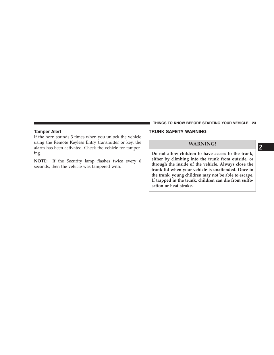 Tamper alert, Trunk safety warning | Dodge 2005 Viper User Manual | Page 23 / 264