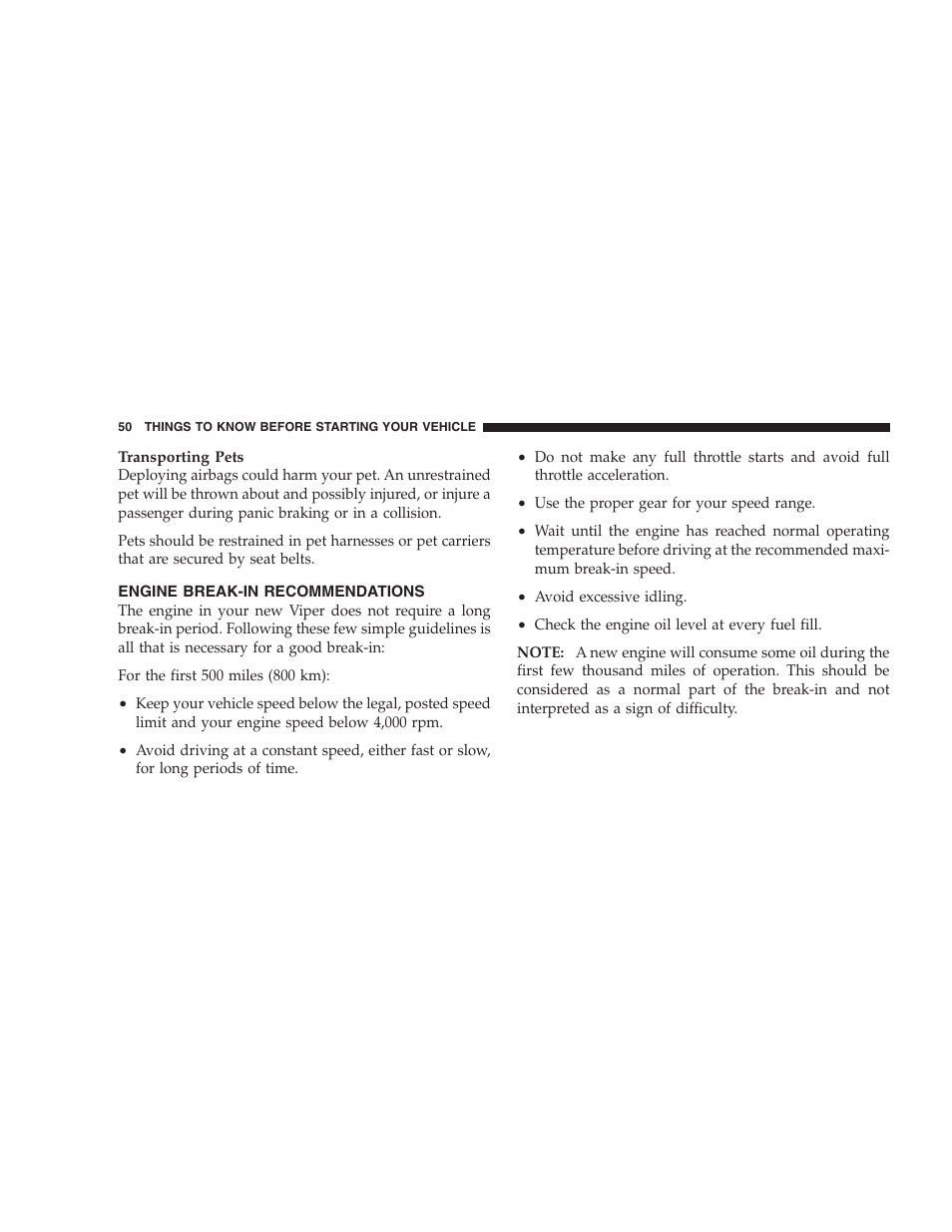 Engine break-in recommendations | Dodge 2005 Viper User Manual | Page 50 / 264