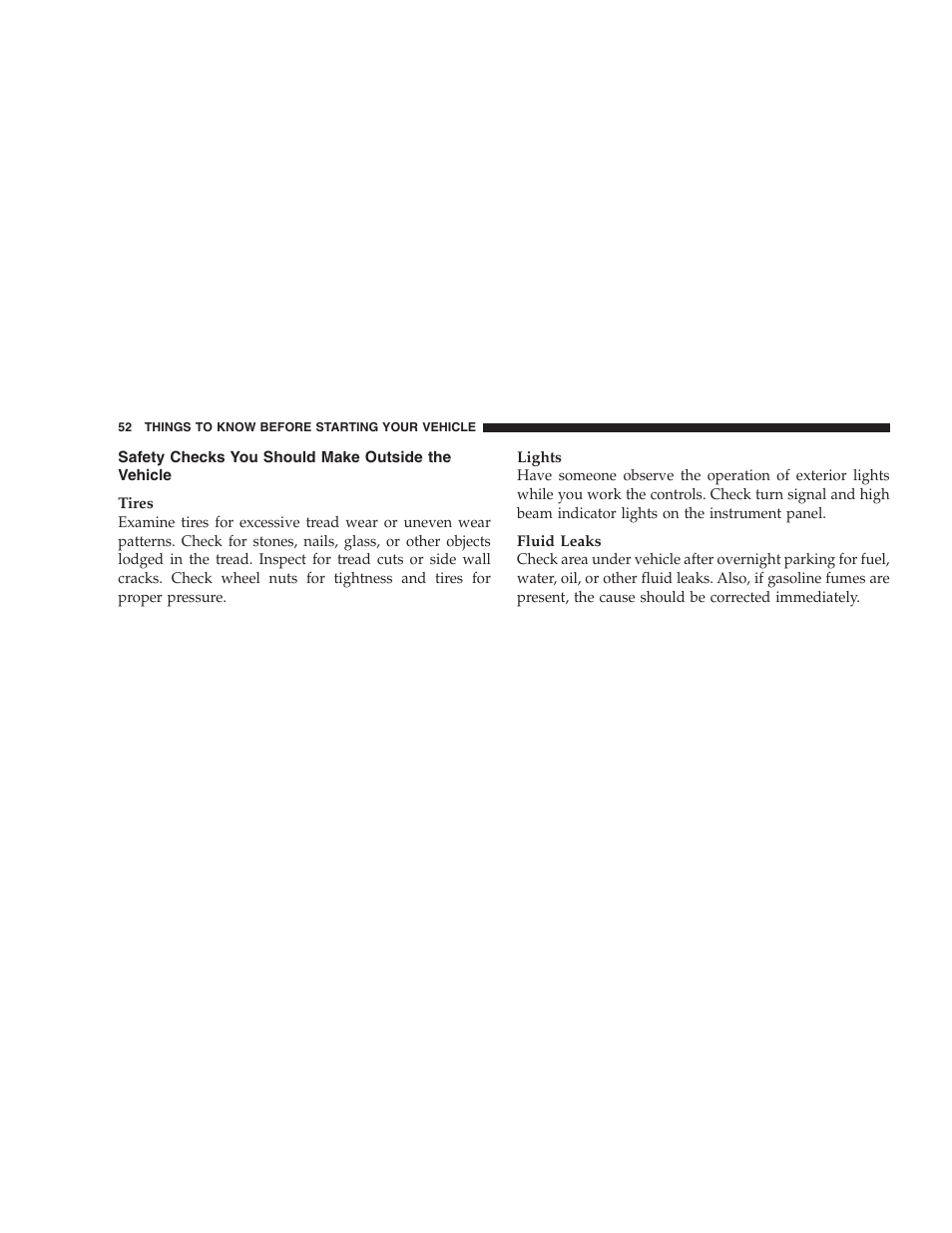 Safety checks you should make outside the, Vehicle | Dodge 2005 Viper User Manual | Page 52 / 264