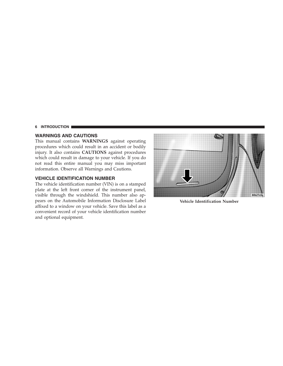 Warnings and cautions, Vehicle identification number | Dodge 2005 Viper User Manual | Page 6 / 264