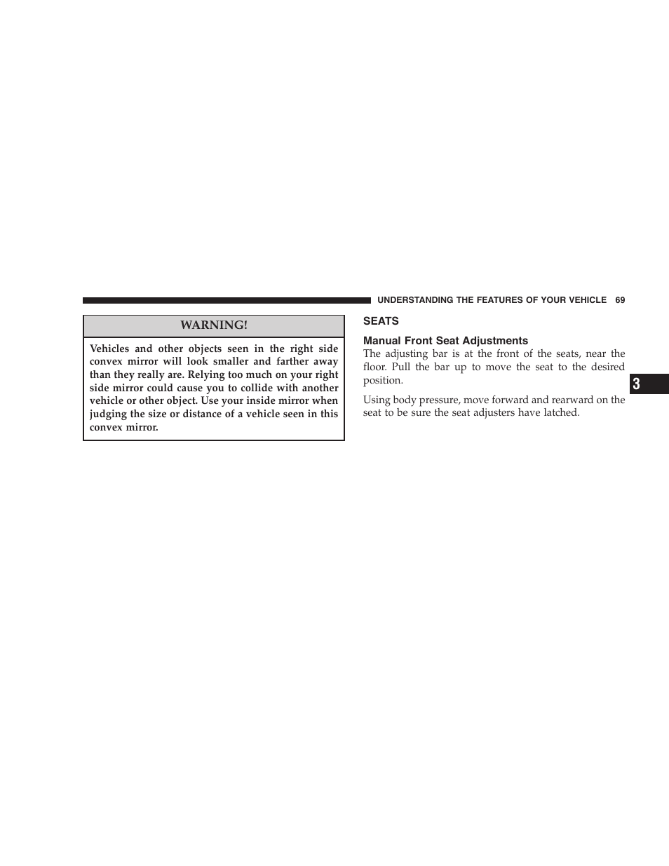 Seats, Manual front seat adjustments | Dodge 2005 Viper User Manual | Page 69 / 264