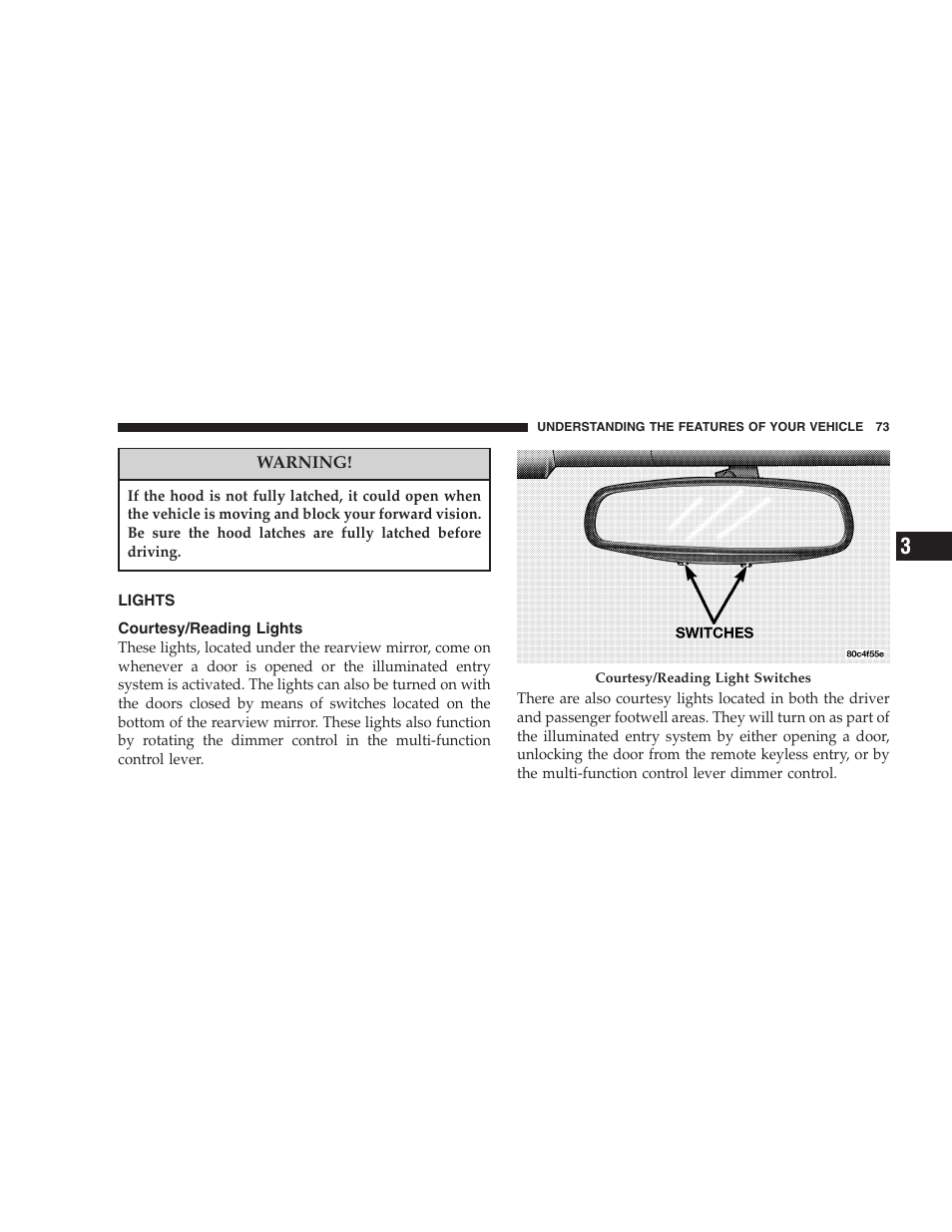Lights, Courtesy/reading lights | Dodge 2005 Viper User Manual | Page 73 / 264