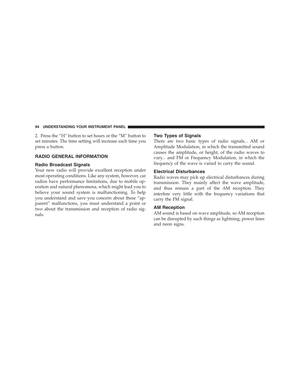 Radio general information, Radio broadcast signals, Two types of signals | Electrical disturbances, Am reception | Dodge 2005 Viper User Manual | Page 94 / 264