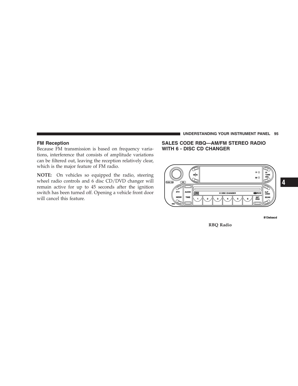 Fm reception, Sales code rbq—am/fm stereo radio with 6, Disc cd changer | Dodge 2005 Viper User Manual | Page 95 / 264