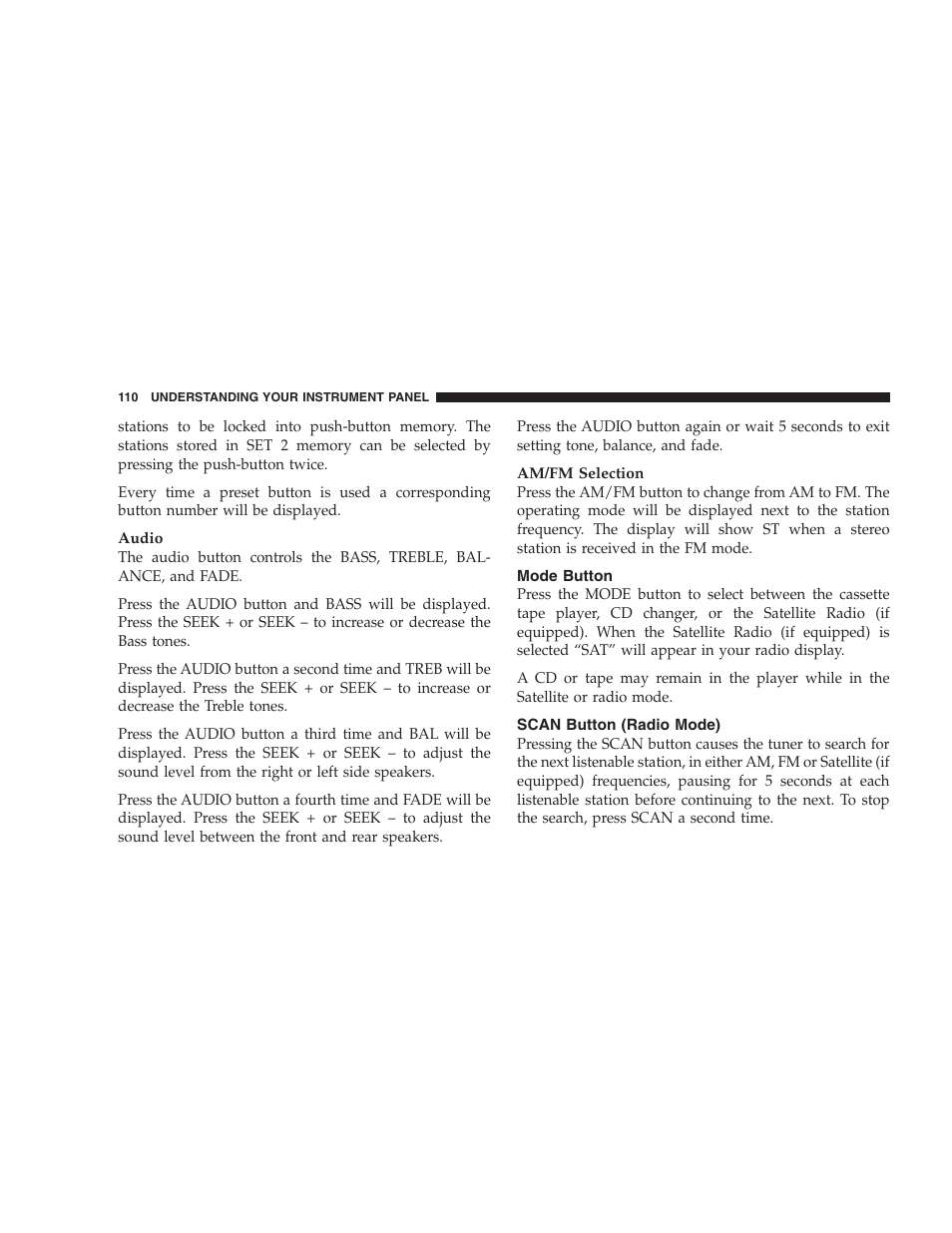 Mode button, Scan button (radio mode) | Dodge 2005 JR41 Stratus User Manual | Page 110 / 293