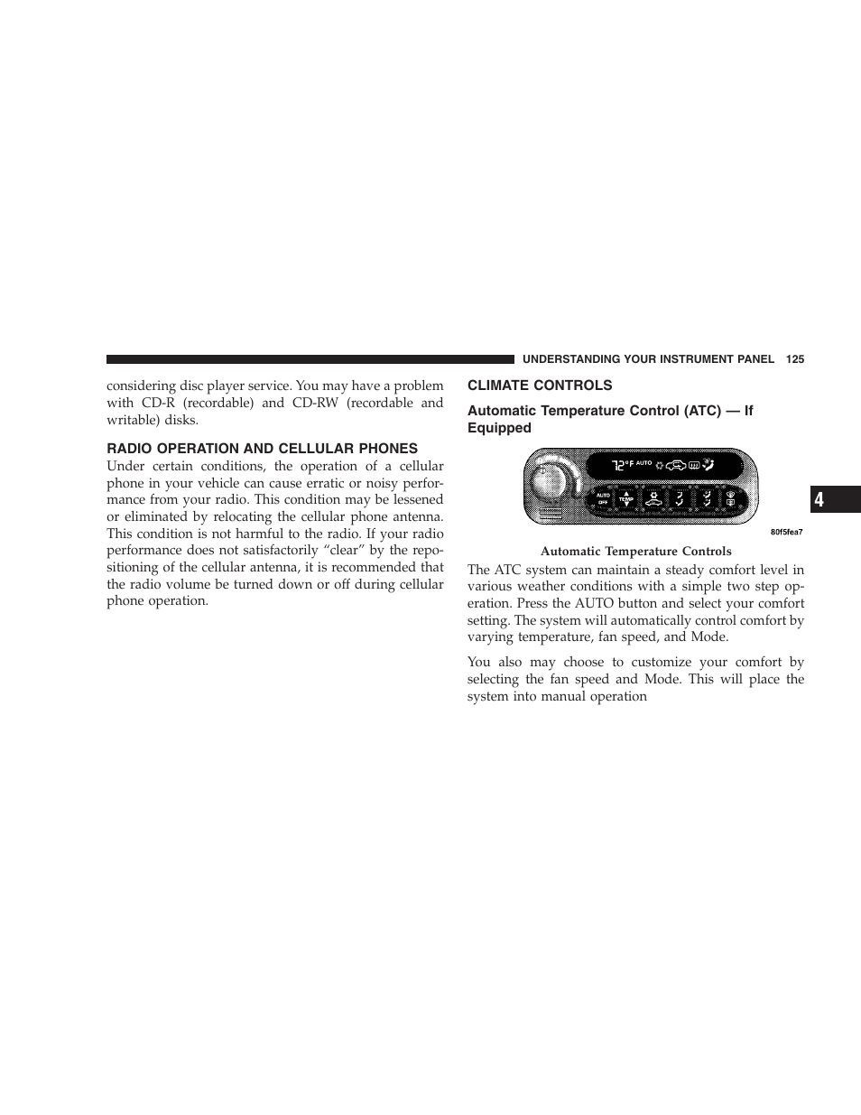 Radio operation and cellular phones, Climate controls, Automatic temperature control (atc) — if | Equipped | Dodge 2005 JR41 Stratus User Manual | Page 125 / 293