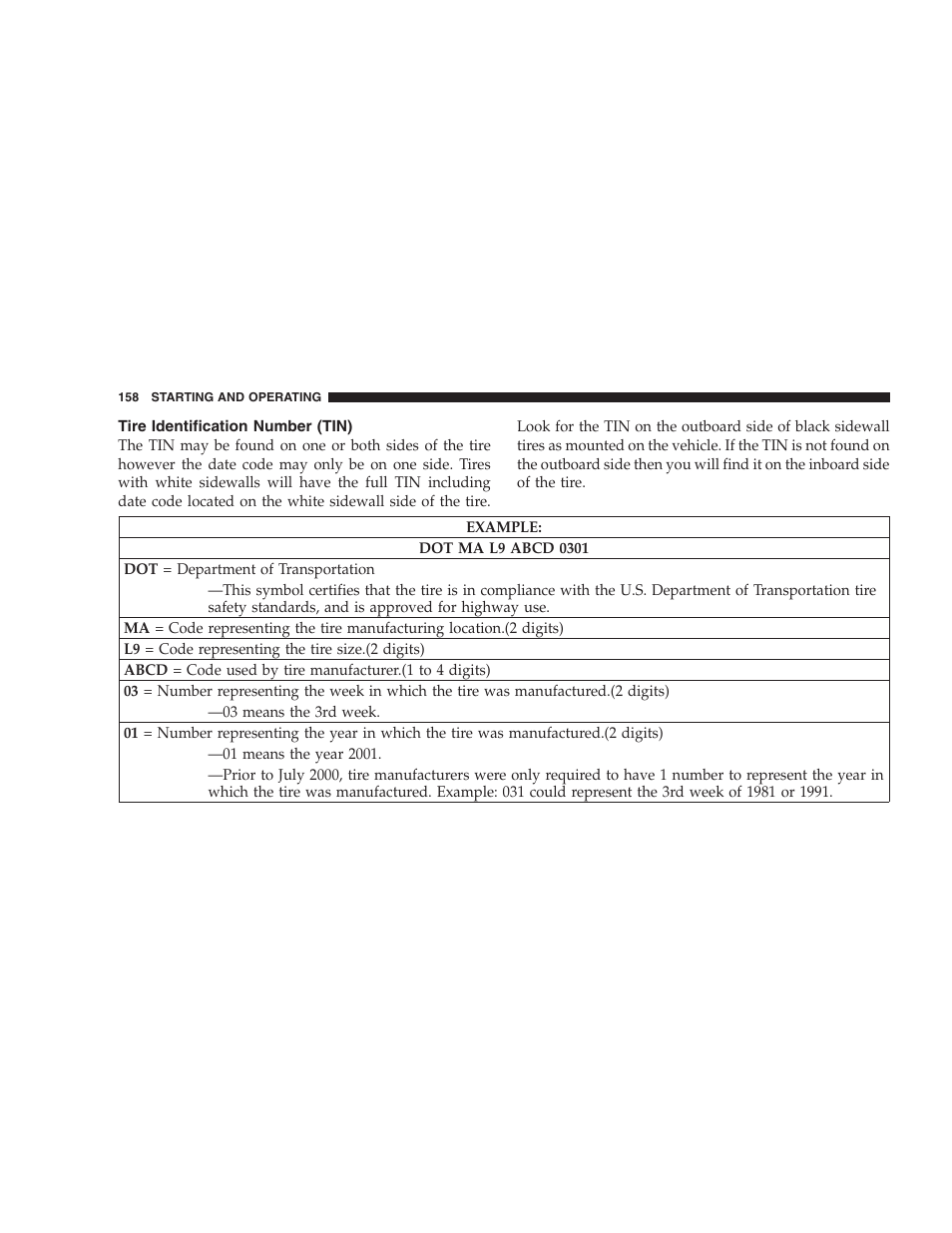 Tire identification number (tin) | Dodge 2005 JR41 Stratus User Manual | Page 158 / 293