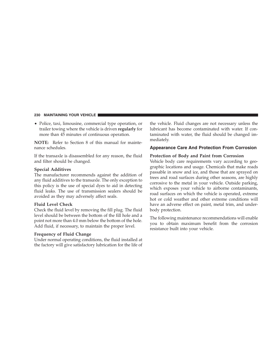Appearance care and protection from, Corrosion | Dodge 2005 JR41 Stratus User Manual | Page 230 / 293