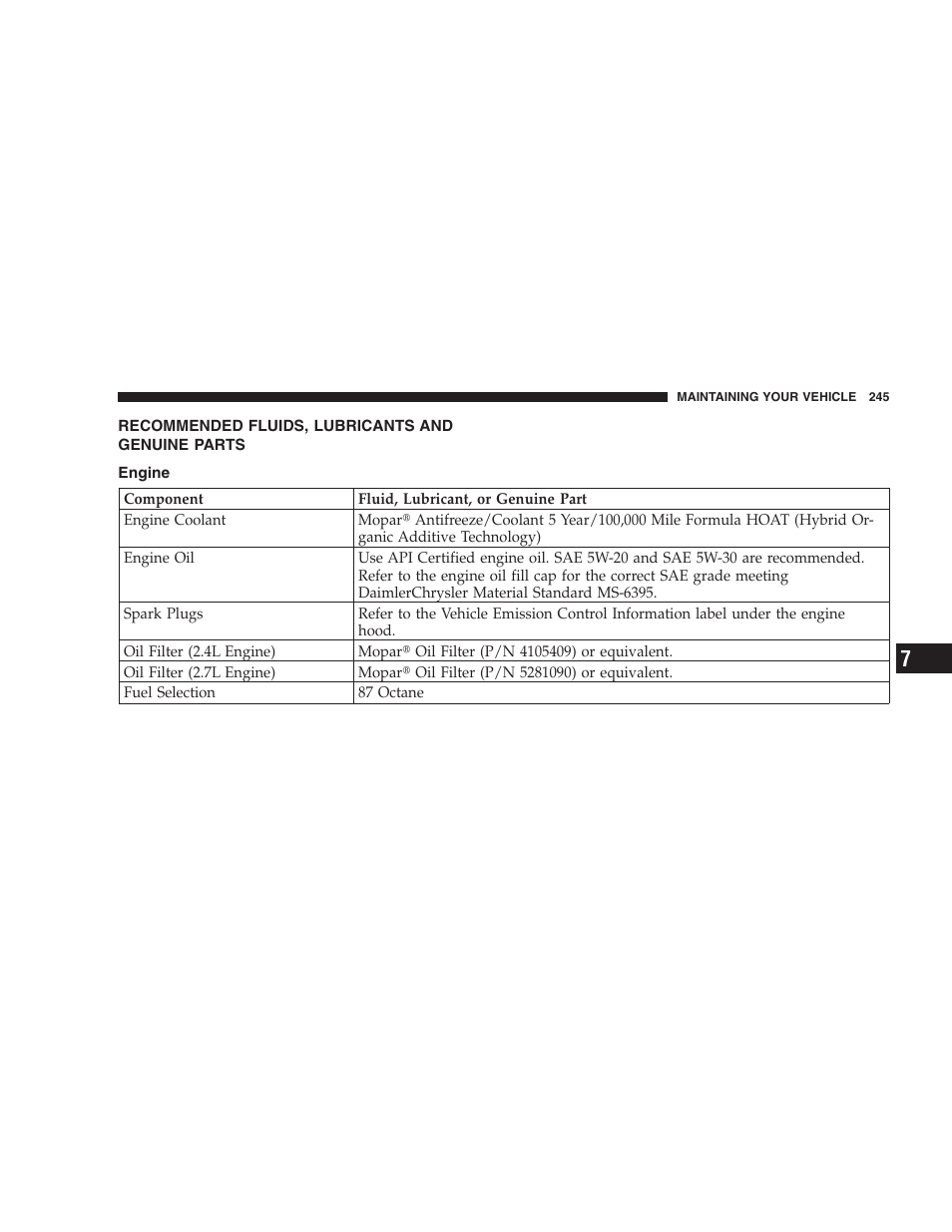 Recommended fluids, lubricants and genuine, Parts, Engine | Dodge 2005 JR41 Stratus User Manual | Page 245 / 293