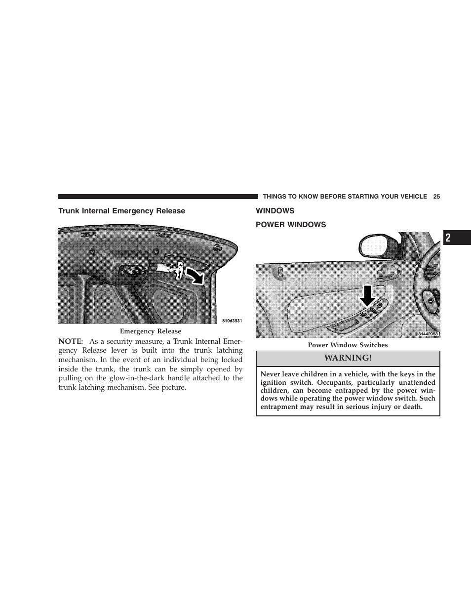 Trunk internal emergency release, Windows, Power windows | Dodge 2005 JR41 Stratus User Manual | Page 25 / 293