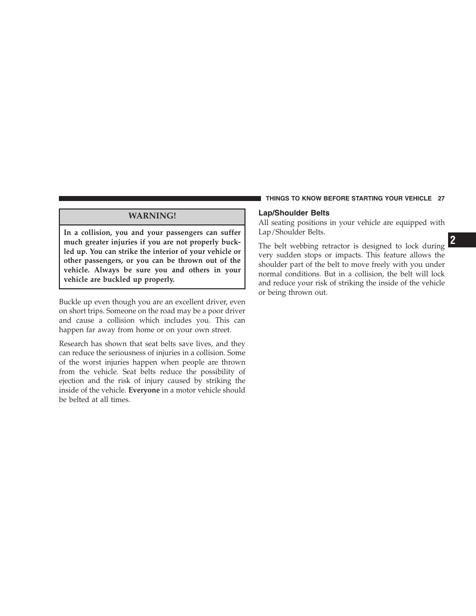Lap/shoulder belts | Dodge 2005 JR41 Stratus User Manual | Page 27 / 293