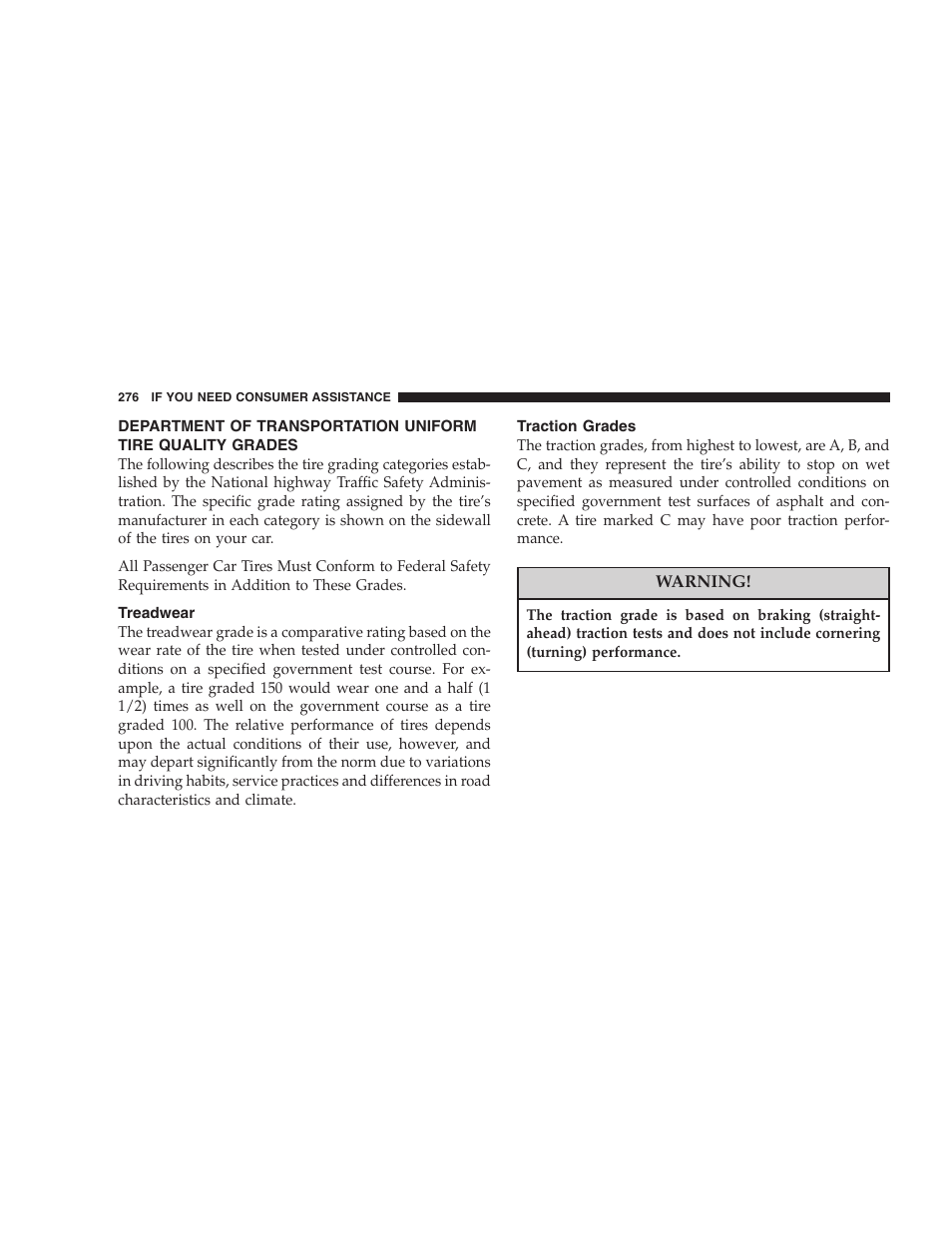Department of transportation uniform tire, Quality grades, Treadwear | Traction grades | Dodge 2005 JR41 Stratus User Manual | Page 276 / 293