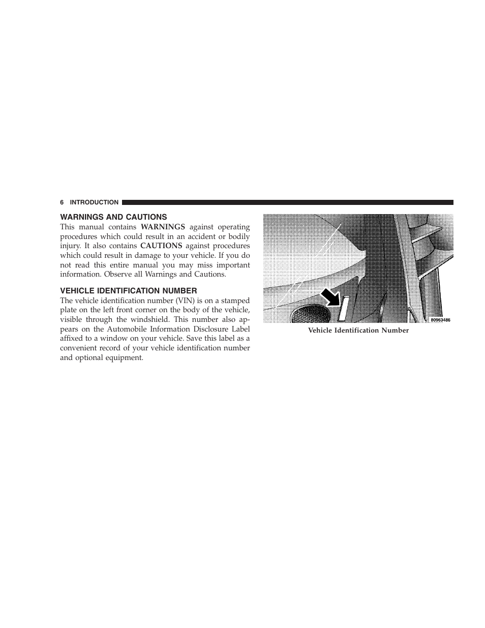 Warnings and cautions, Vehicle identification number | Dodge 2005 JR41 Stratus User Manual | Page 6 / 293