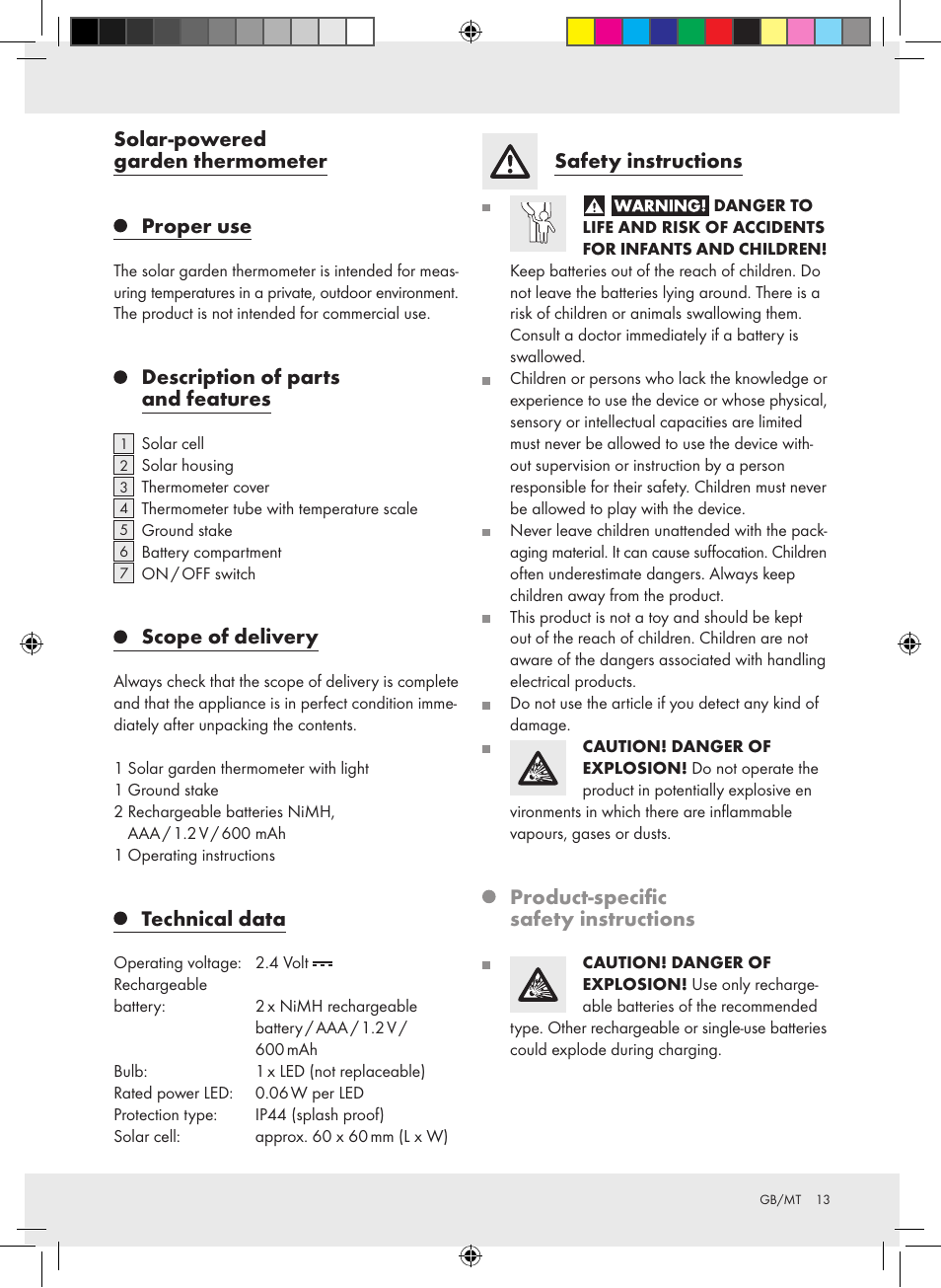 Solar-powered garden thermometer proper use, Description of parts and features, Scope of delivery | Technical data, Safety instructions, Product-specific safety instructions | Auriol Z31269 User Manual | Page 13 / 19