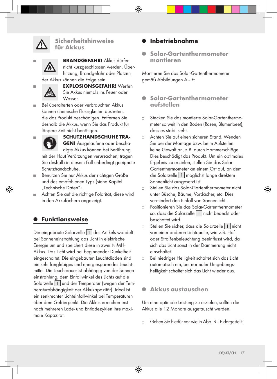 Sicherheitshinweise für akkus, Funktionsweise, Inbetriebnahme solar-gartenthermometer montieren | Solar-gartenthermometer aufstellen, Akkus austauschen | Auriol Z31269 User Manual | Page 17 / 19