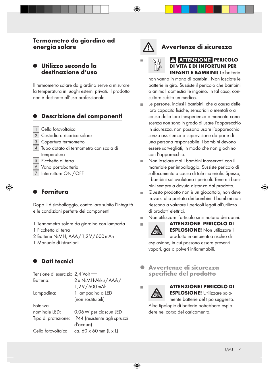 Descrizione dei componenti, Fornitura, Dati tecnici | Avvertenze di sicurezza, Avvertenze di sicurezza specifiche del prodotto | Auriol Z31269 User Manual | Page 7 / 19