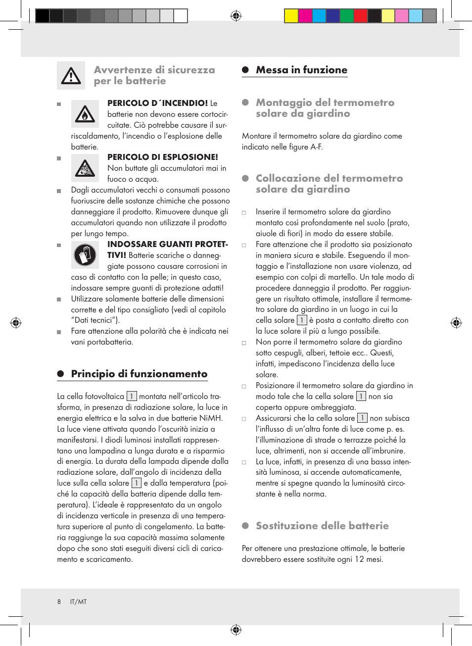 Avvertenze di sicurezza per le batterie, Principio di funzionamento, Collocazione del termometro solare da giardino | Sostituzione delle batterie | Auriol Z31269 User Manual | Page 8 / 19