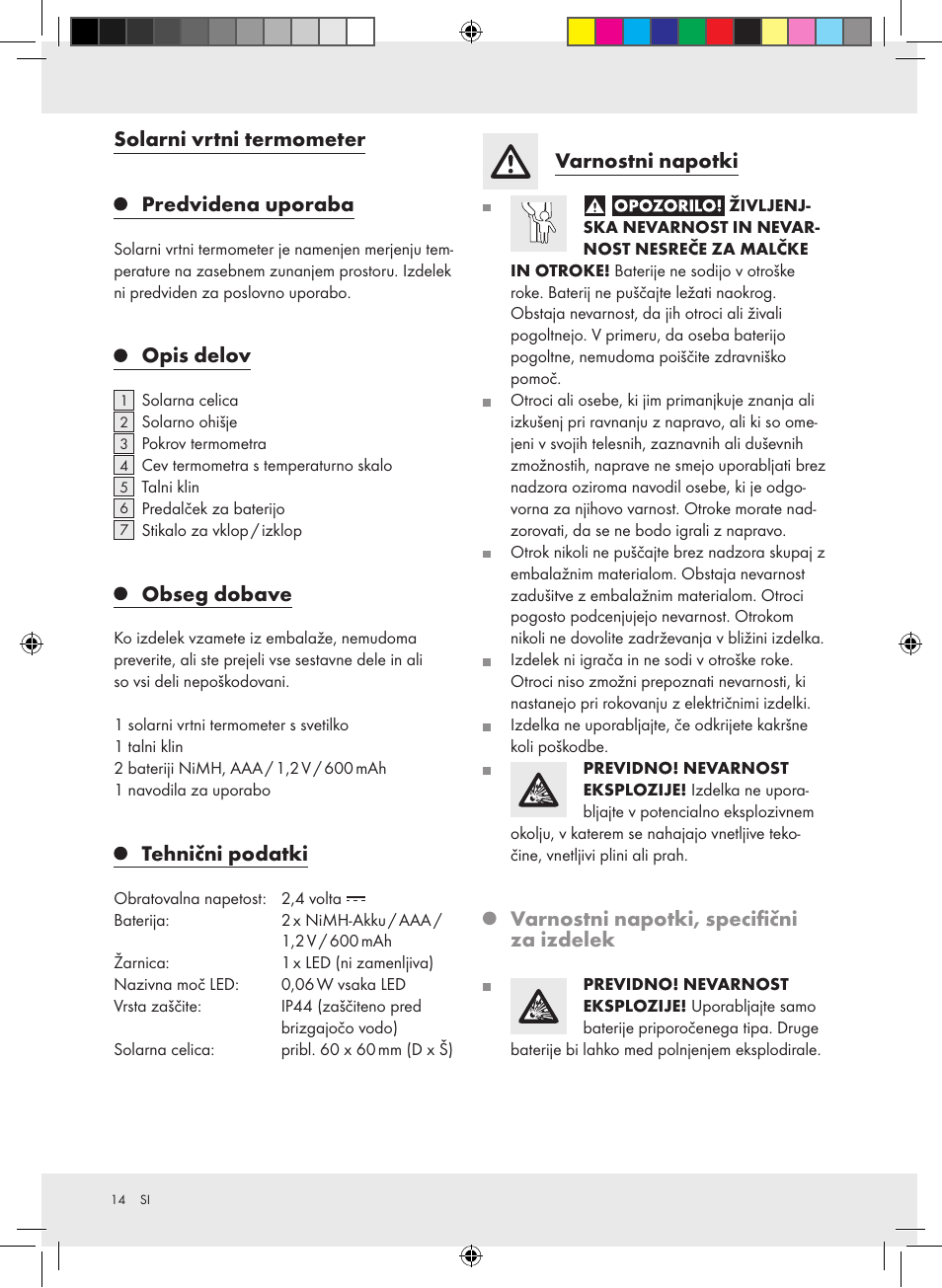 Solarni vrtni termometer predvidena uporaba, Opis delov, Obseg dobave | Tehnični podatki, Varnostni napotki, Varnostni napotki, specifični za izdelek | Auriol Z31269 User Manual | Page 14 / 26