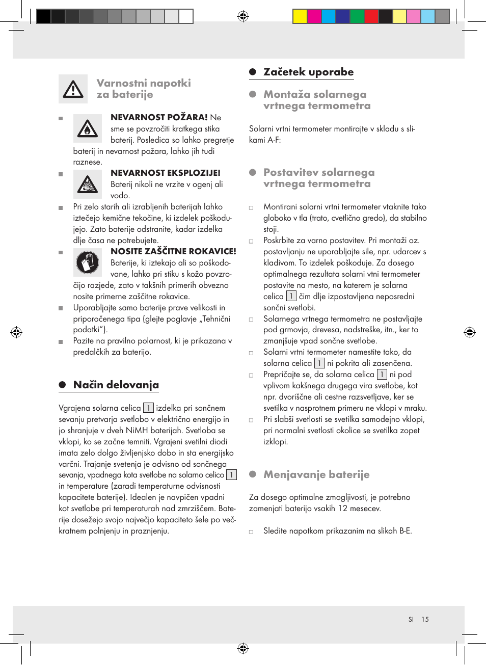 Varnostni napotki za baterije, Način delovanja, Postavitev solarnega vrtnega termometra | Menjavanje baterije | Auriol Z31269 User Manual | Page 15 / 26