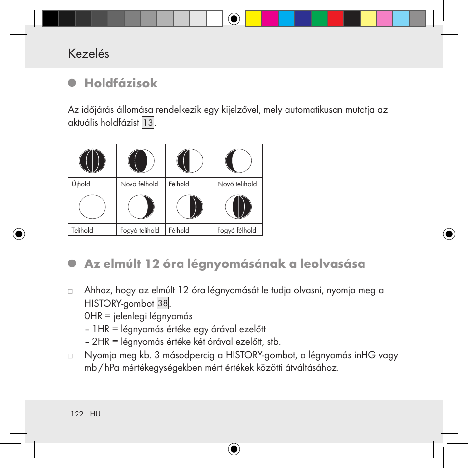 Kezelés, Holdfázisok, Az elmúlt 12 óra légnyomásának a leolvasása | Auriol Z31130 User Manual | Page 122 / 297