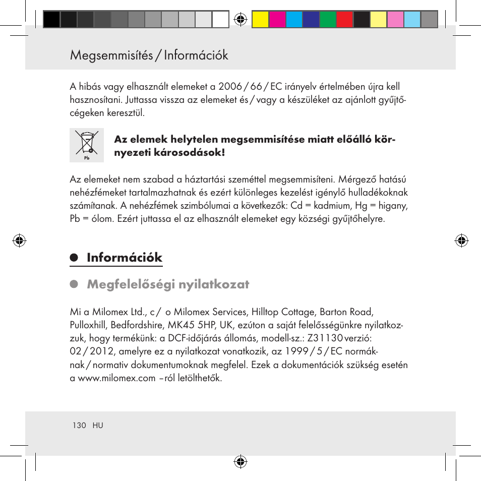 Megsemmisítés / információk, Információk megfelelőségi nyilatkozat | Auriol Z31130 User Manual | Page 130 / 297