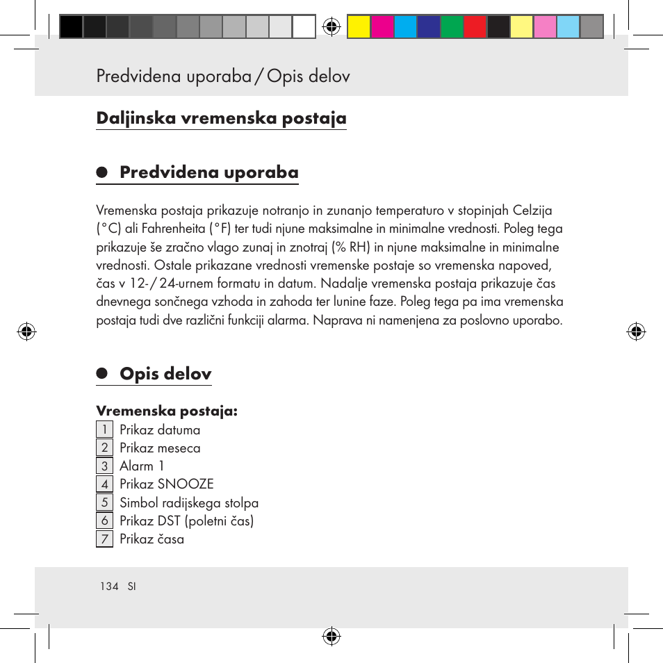 Opis delov predvidena uporaba / opis delov, Daljinska vremenska postaja predvidena uporaba, Opis delov | Auriol Z31130 User Manual | Page 134 / 297