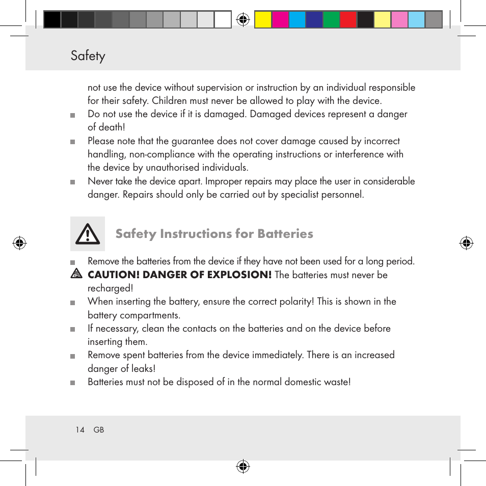 Safety / before use safety, Safety instructions for batteries | Auriol Z31130 User Manual | Page 14 / 297