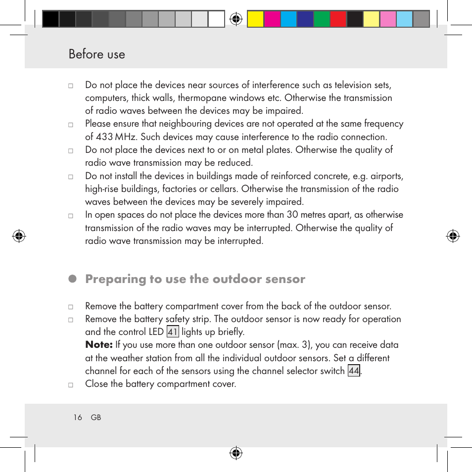 Before use, Preparing to use the outdoor sensor | Auriol Z31130 User Manual | Page 16 / 297