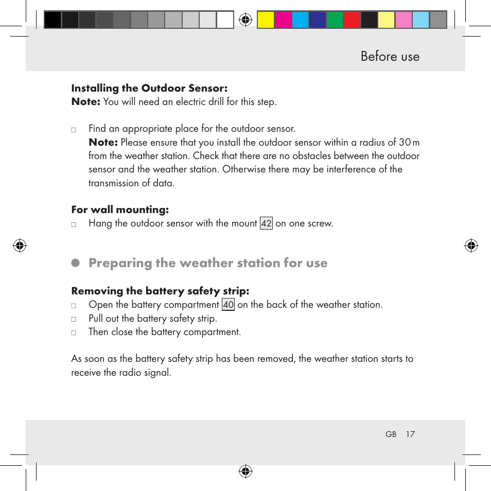 Before use, Preparing the weather station for use | Auriol Z31130 User Manual | Page 17 / 297