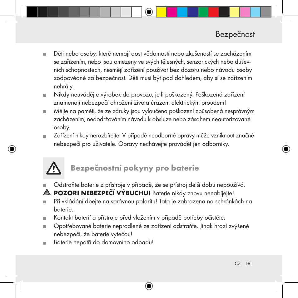 Rozsah dodávky / bezpečnost bezpečnost, Bezpečnostní pokyny pro baterie | Auriol Z31130 User Manual | Page 181 / 297