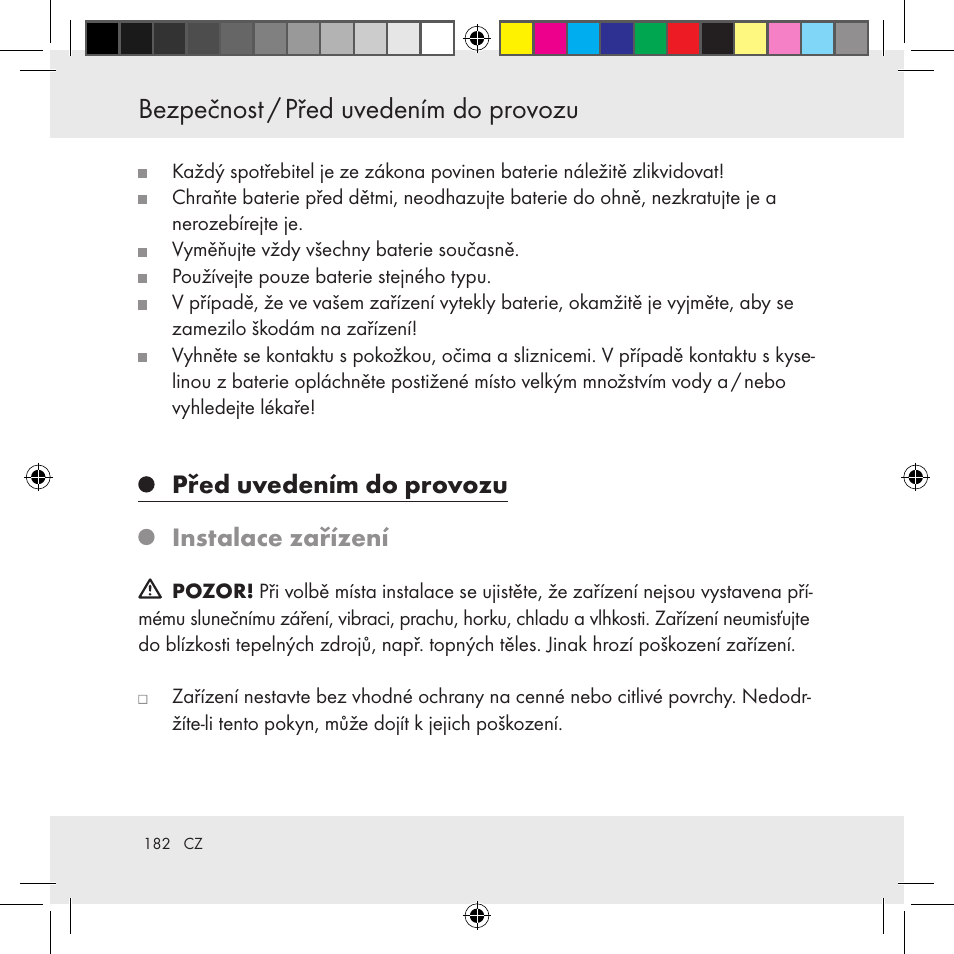 Bezpečnost / před uvedením do provozu, Před uvedením do provozu, Před uvedením do provozu instalace zařízení | Auriol Z31130 User Manual | Page 182 / 297