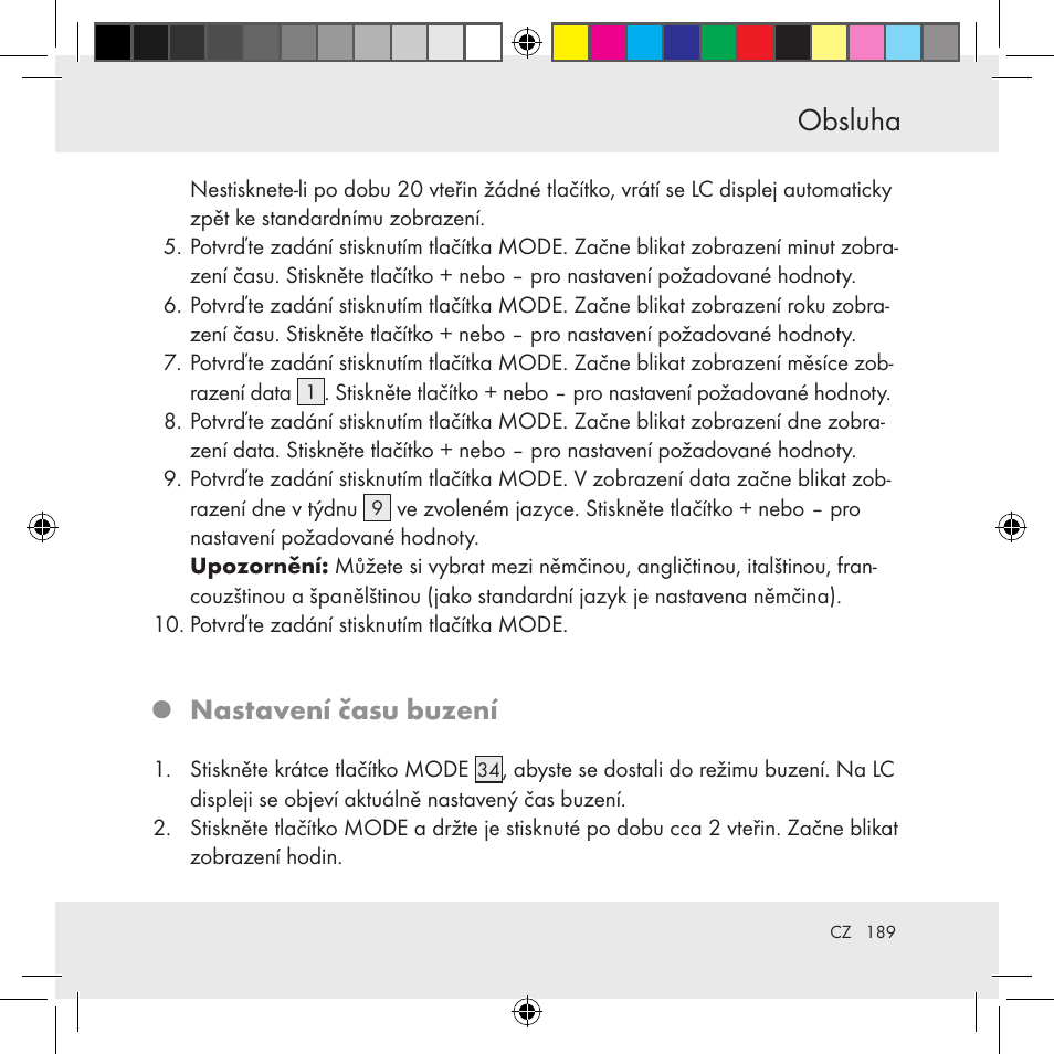 Obsluha, Nastavení času buzení | Auriol Z31130 User Manual | Page 189 / 297