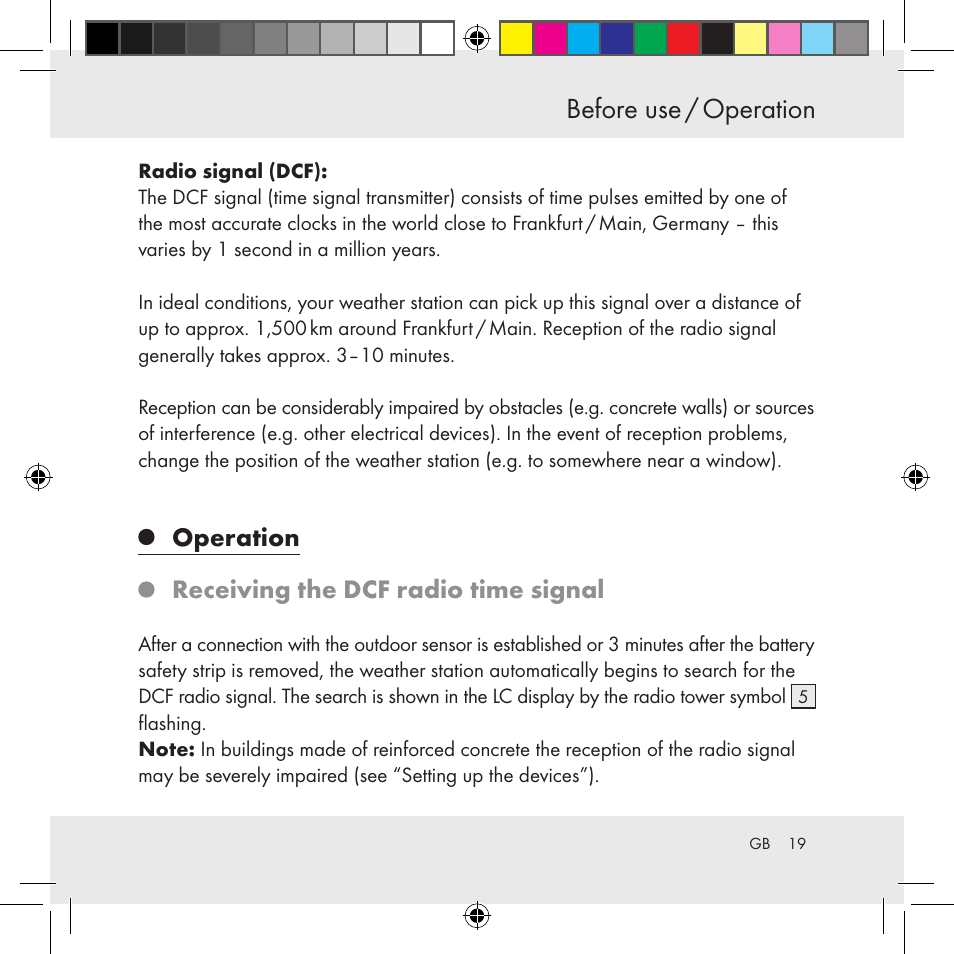 Before use / operation, Before use, Operation receiving the dcf radio time signal | Auriol Z31130 User Manual | Page 19 / 297