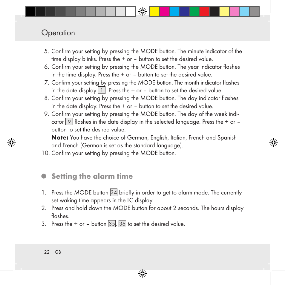 Operation, Setting the alarm time | Auriol Z31130 User Manual | Page 22 / 297