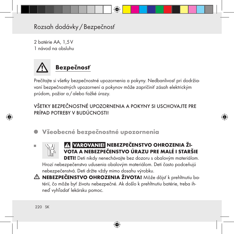 Rozsah dodávky / bezpečnosť, Bezpečnosť, Všeobecné bezpečnostné upozornenia | Auriol Z31130 User Manual | Page 220 / 297