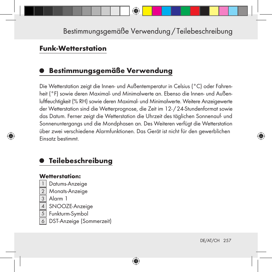 Funk-wetterstation bestimmungsgemäße verwendung, Teilebeschreibung | Auriol Z31130 User Manual | Page 257 / 297