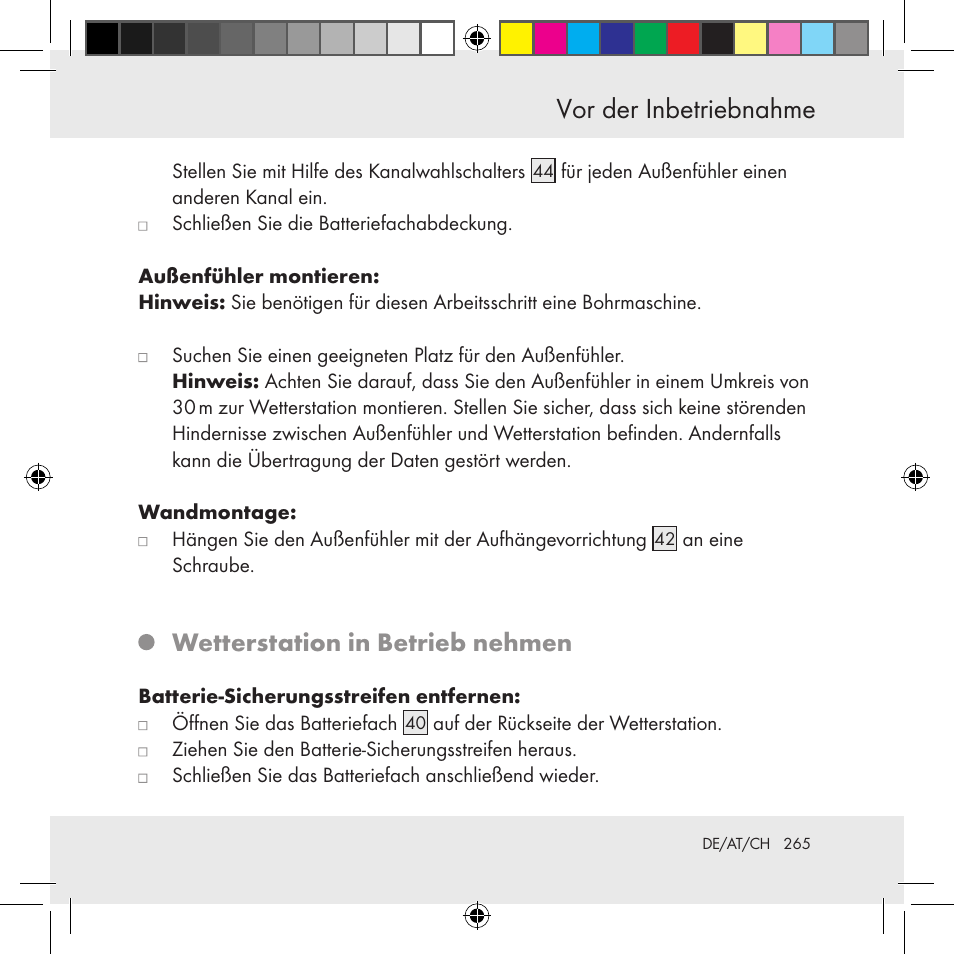 Vor der inbetriebnahme, Wetterstation in betrieb nehmen | Auriol Z31130 User Manual | Page 265 / 297