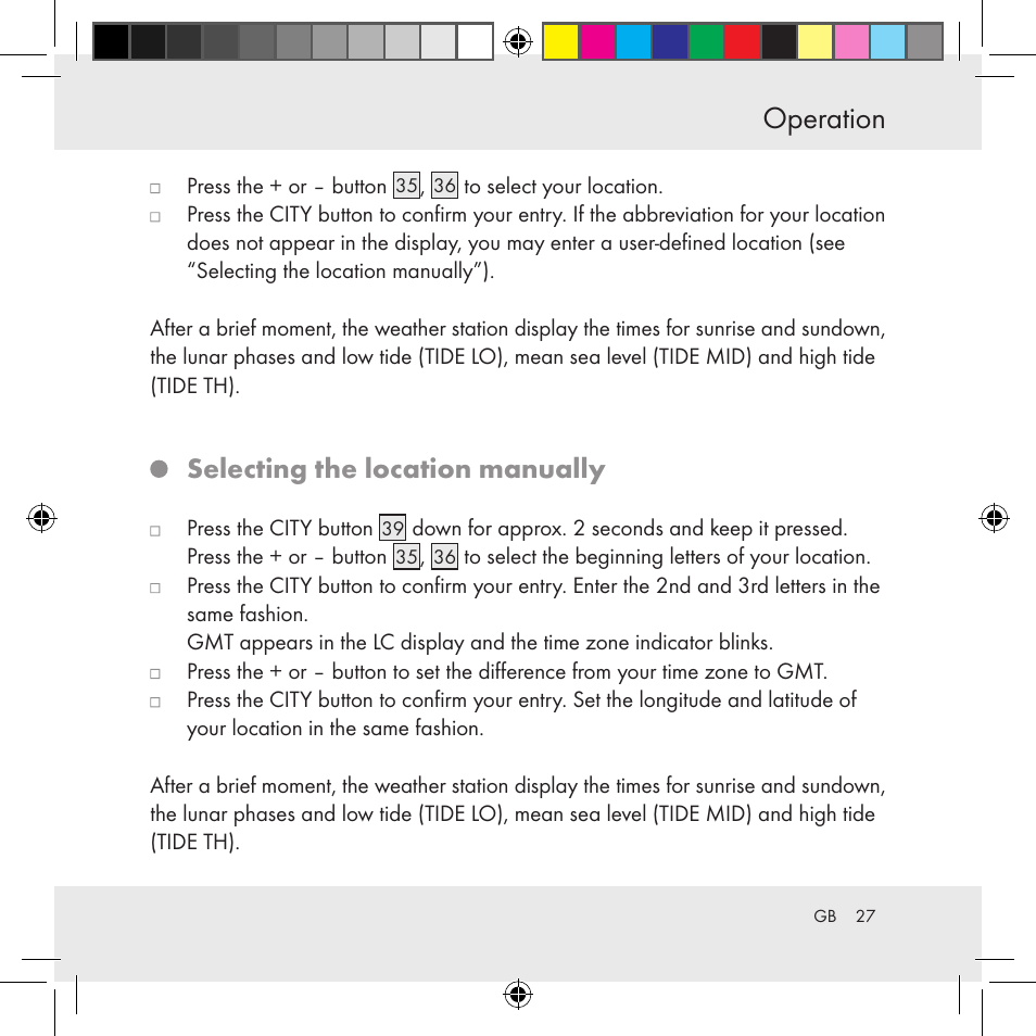 Operation, Selecting the location manually | Auriol Z31130 User Manual | Page 27 / 297