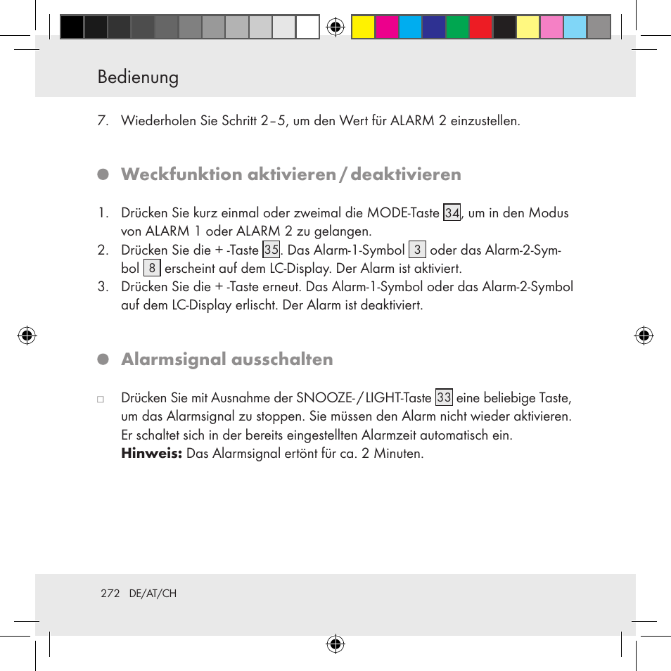 Bedienung, Weckfunktion aktivieren / deaktivieren, Alarmsignal ausschalten | Auriol Z31130 User Manual | Page 272 / 297