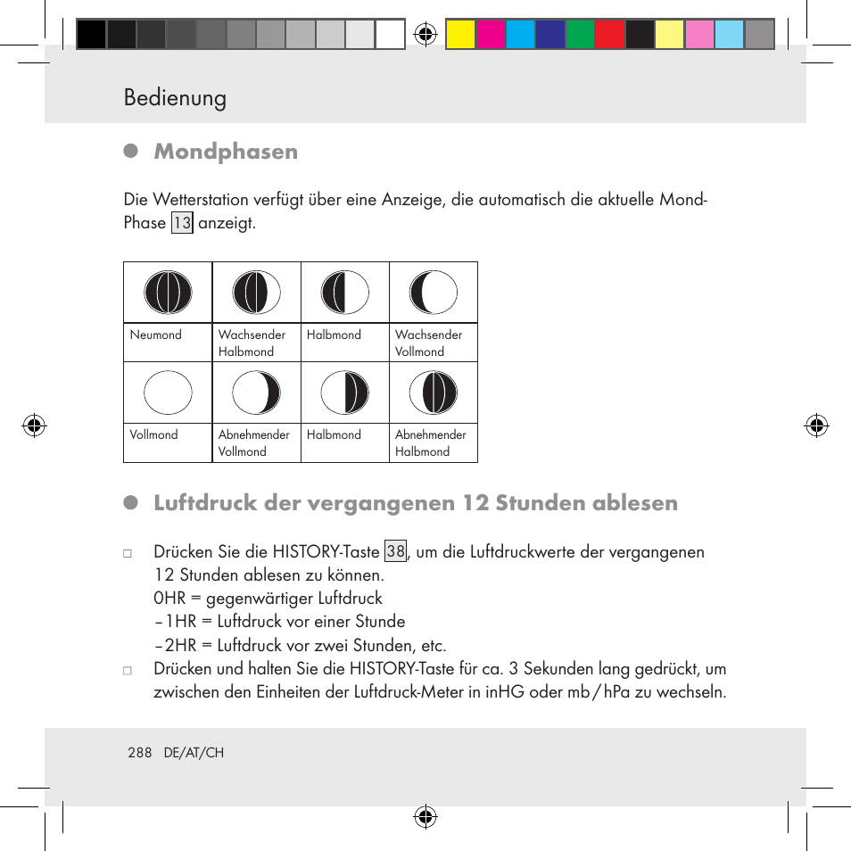 Bedienung, Mondphasen, Luftdruck der vergangenen 12 stunden ablesen | Auriol Z31130 User Manual | Page 288 / 297