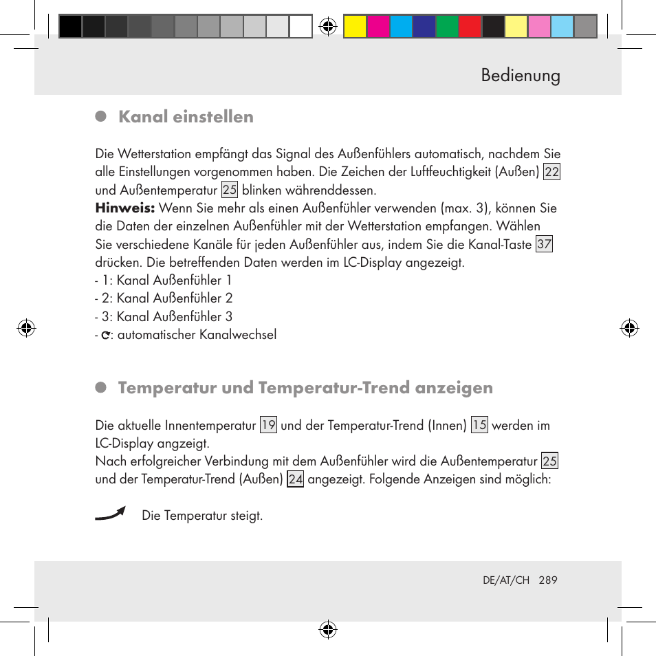 Bedienung, Kanal einstellen, Temperatur und temperatur-trend anzeigen | Auriol Z31130 User Manual | Page 289 / 297