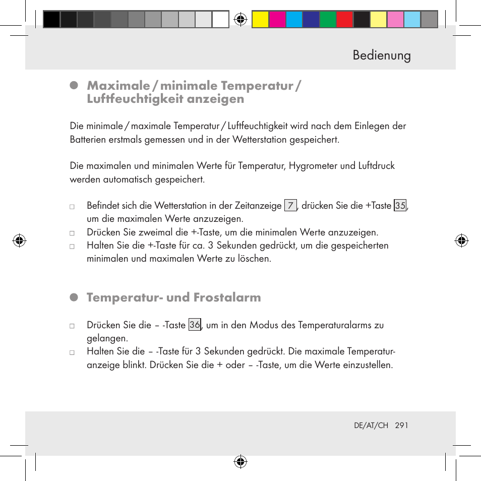 Bedienung, Temperatur- und frostalarm | Auriol Z31130 User Manual | Page 291 / 297