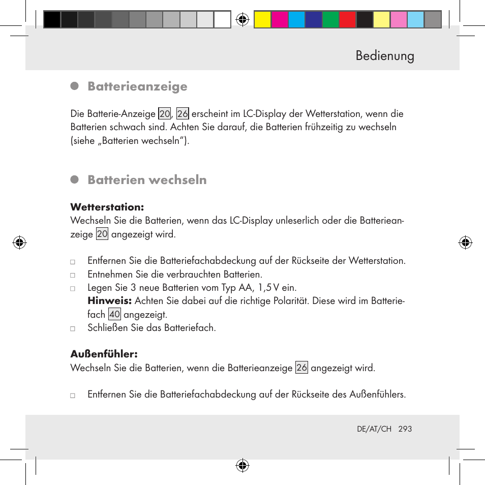 Bedienung, Batterieanzeige, Batterien wechseln | Auriol Z31130 User Manual | Page 293 / 297