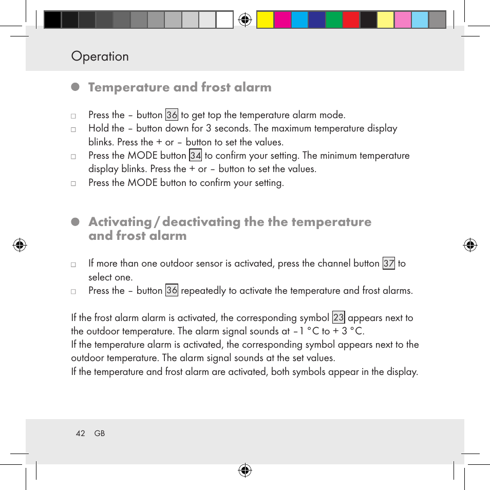 Operation, Temperature and frost alarm | Auriol Z31130 User Manual | Page 42 / 297