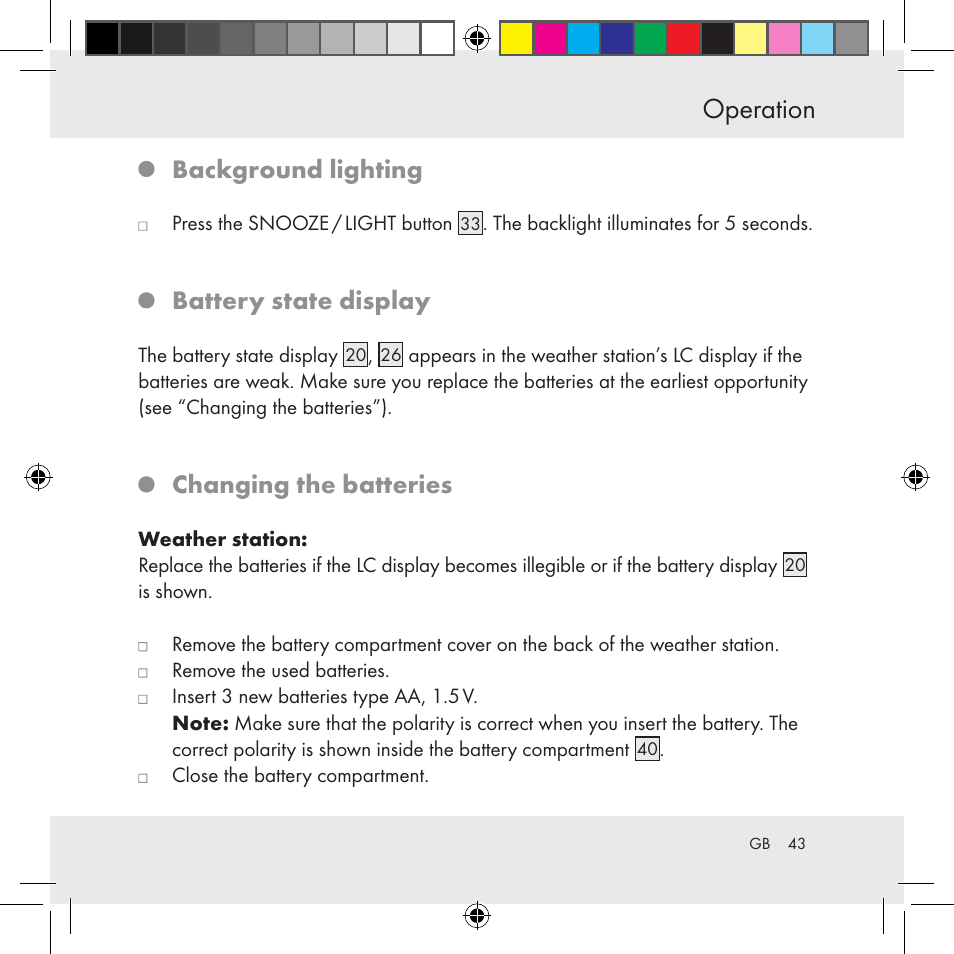 Operation, Background lighting, Battery state display | Changing the batteries | Auriol Z31130 User Manual | Page 43 / 297