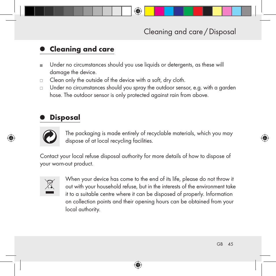 Cleaning and care / disposal, Operation / troubleshooting, Cleaning and care | Disposal | Auriol Z31130 User Manual | Page 45 / 297